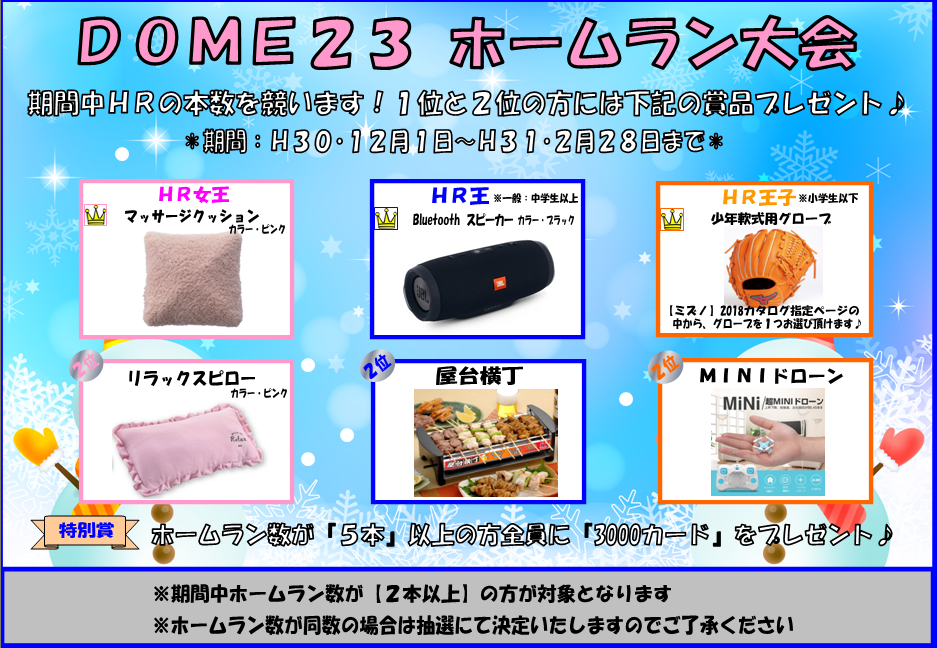 Dome23 御座店 冬のホームラン大会賞品決定 高知のバッティングセンターといえば Dome23 ドーム23